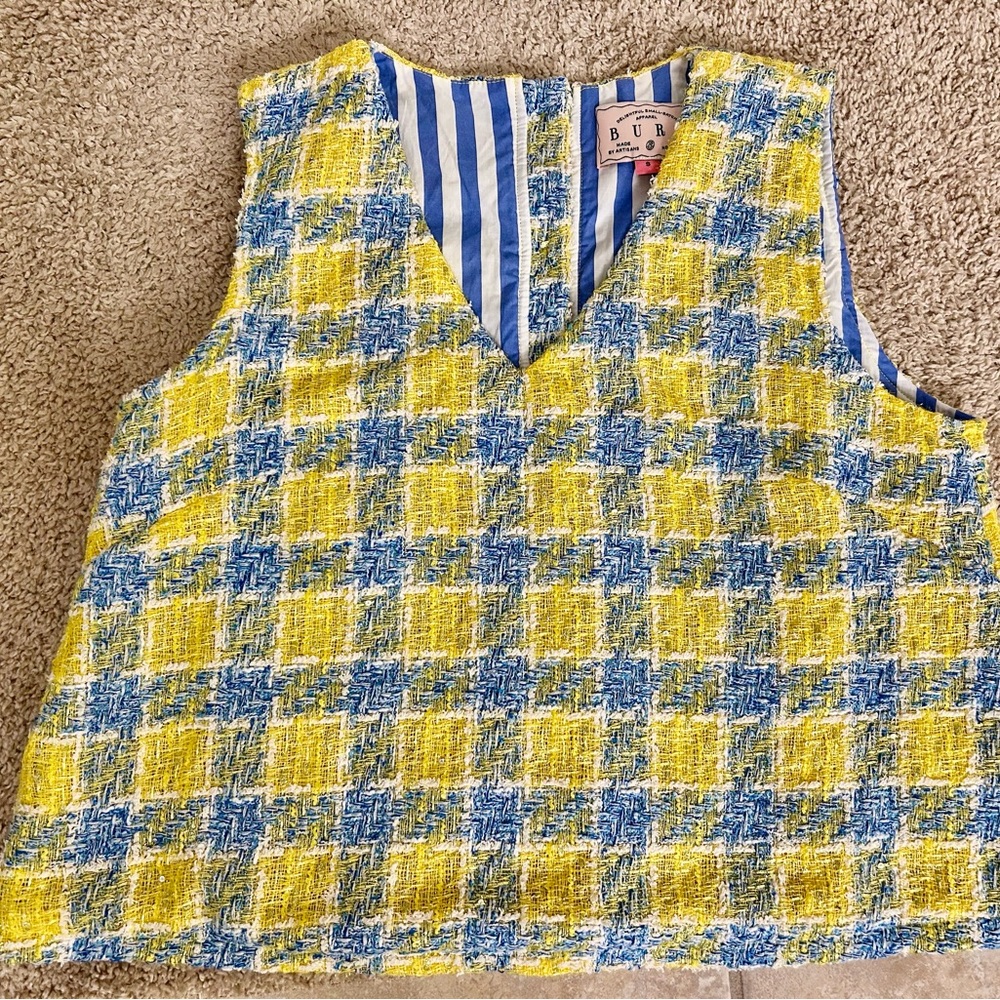 BURU  Yellow & Blue Tweed V-Neck Mod Top Size Small